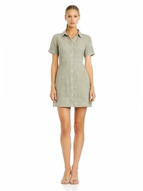 Tahari 100% Linen Shirt Dress Sage Green Button Front Mini XS Classic Olive